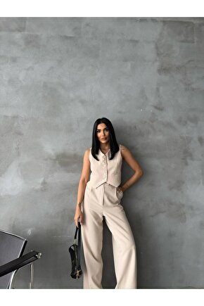 Atlas Kumaş Yüksel Bel İspanyol Paça Pantolon Yelek Bej Takım