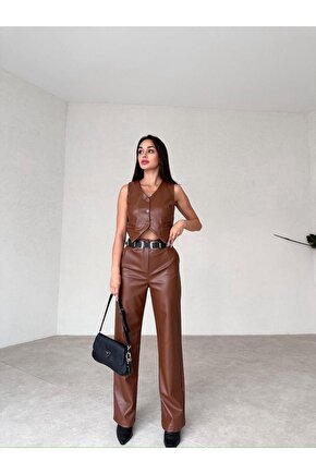 Yelekli Deri Kahverengi Takım