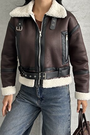 Kadın Kemerli İçi Kürklü Deri Mont - Biker Deri Ceket