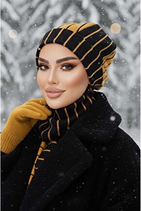 Hardal Siyah Çizgili Tesettür Bere