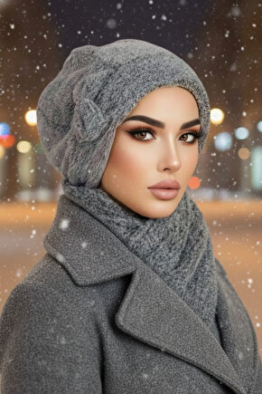 Gri Melanj Welsoft Etol ve Tesettür Bere Takım