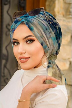 Turkuaz Batik Desen Tül Tokalı Bone
