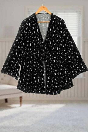 Siyah Çiçekli Önü Bağlamalı Kimono Tunik  Likralı Yazlık Kumaş 85cm Boy