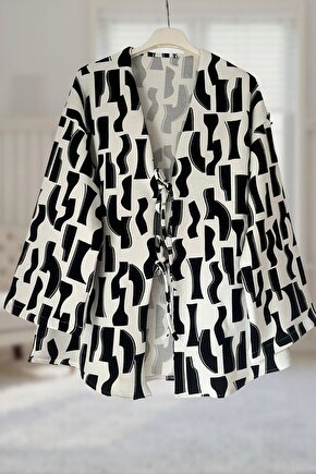 Önü bağlamalı Kimono Kaftan Tunik  Siyah Beyaz