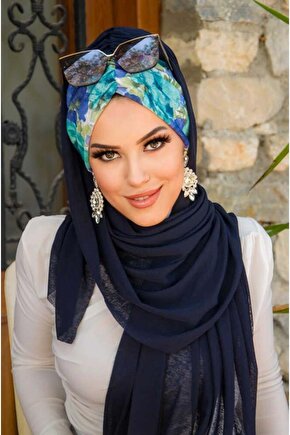 Lacivert Turkuaz Çiçek Desen Hazır Şal