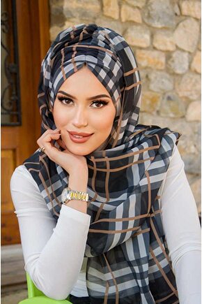 Siyah Bej Ekose Desen Hazır Şal