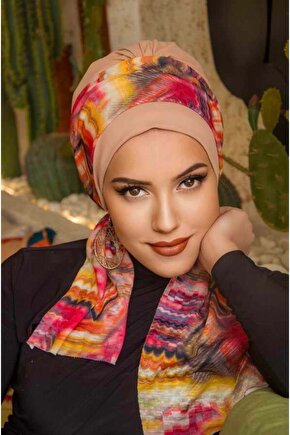 Bej Geometrik Desen Fularlı Bone