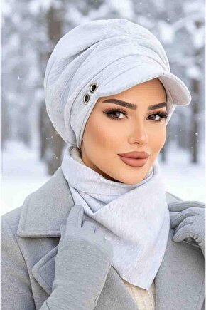 Eşofman Gri Metal Detaylı Büzgülü Tesettür Şapka Ve Etol Takım