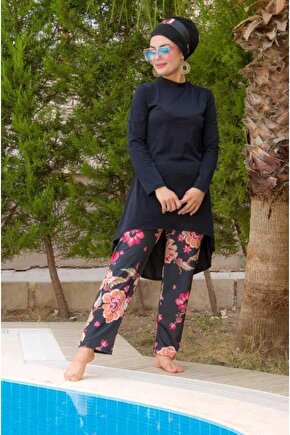 Siyah Çiçekli Tesettür Mayo