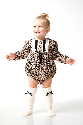 Kız Bebek Kız Çocuk Romper Doğum Günü Parti Düğün Leopar Romper Dantelli Fiyonklu Uzun Kol Romper