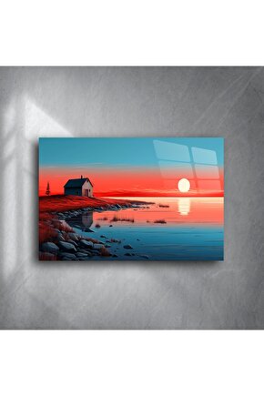 Gün Batımı Göl Evi Minimalist Duvar Sanatı