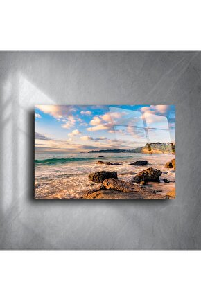 Serin Renkli Deniz Kıyısı Manzaralı Cam Tablo