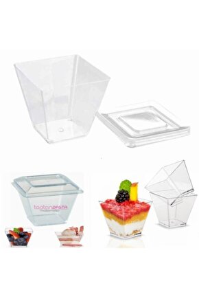 Sert Plastik Kapaklı Magnolia Kabı Piramit Kübik Tatlı Kasesi 200cc (24 ADET)