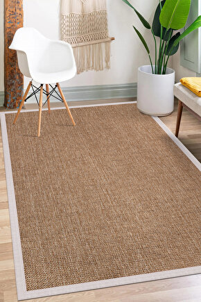 0604-Krem Kumaş Bordür Sisal Halı Kilim Hav Toz Vermez Kolay Temizlenen Hasır Kilim