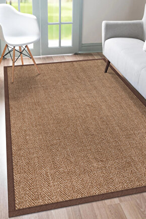 0503-Kahve Kumaş Bordür Sisal Halı Kilim Hav Toz Vermez Kolay Temizlenen Hasır Kilim