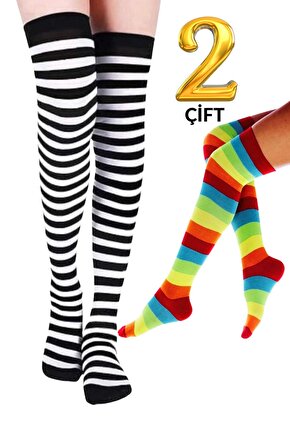 Kadın Dizüstü Çorap (2 Çift) Günlük Düz Çizgili Pamuklu Diz Üstü Siyah Çorap Yeni Trend