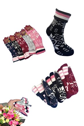 Kadın Silikon Yıkamalı Akrilik Yün Kıvrık Havlu Bot Çorabı (2 Çift) Karma Renk Çorap Seti