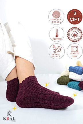 Kadın Patik Kabartma Kışlık Ters Havlu 3 Çift Karma Renk Kısa Çorap Seti