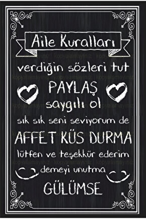 aile kuralları tablosu kara tahta tebeşir görünümlü ev mutfak dekorasyon tablo retro ahşap poster