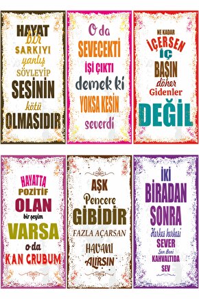 O Da Sevecekti Işi Çıktı Komik Motivasyon Duvar Yazıları 6lı Mini Retro Ahşap Poster Seti