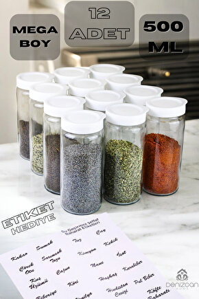 12 Adet  Kapaklı Büyük Boy Cam Baharatlık Seti