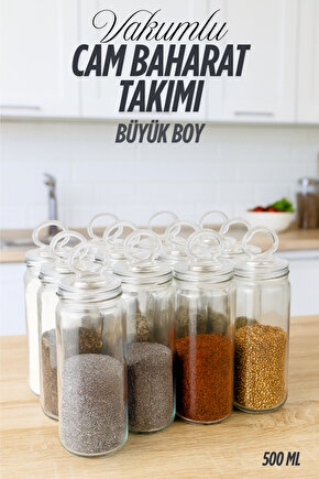 12 Adet Büyük Boy Vakum Kapaklı Cam Baharatlık Seti