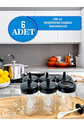 Kendinden Kaşıklı 6lı Baharat Takımı Siyah Kapaklı