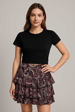 Kadın Bisiklet Yaka Likralı Kısa Kol Body Crop T-Shirt siyah ekru k.lacivert