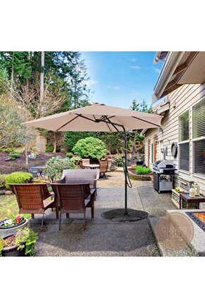 3 Mt Ekru Şemsiye 50 + Uv Koruma Suya Dayanıklı Otomatik Bahçe Şemsiyesi Teras Gölgeliği