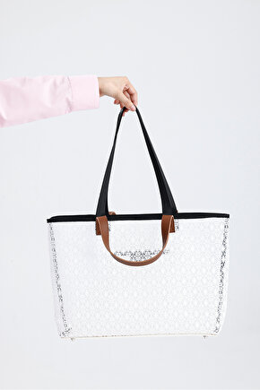 Kadın Beyaz Dantel Desenli Büyük Boy Plaj Ve Alışveriş Shopper Tote Omuz Çantası