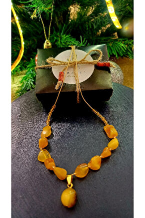 Doğal Taş Damla Kehribar Kolye Celik Aparat