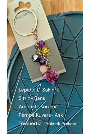 Doğal Taş Anahtarlık, Bolluk Bereket Anahtarlığı,lepidolit Ametist ,pembe Kuvars,kristal Kuvars