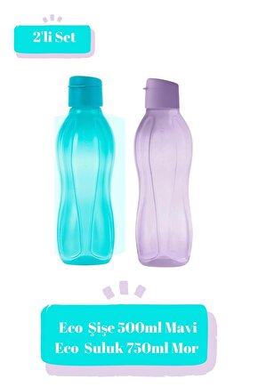 Eco Kolay Kapak Şişe 500 ml Mavi ve 750 ml Mor Suluk Matara Çevre Dostu 2li Set