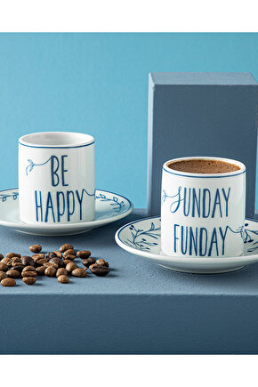 Happy Sunday Porselen 4 Parça 2 Kişilik Kahve Fincan Takımı Lacivert