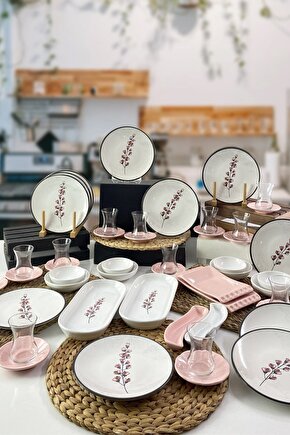 Pembe Çiçekli Kahvaltı Takımı 12 Kişilik 50 Parça