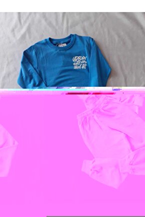 Mavi Baskılı Sweat, paçaları Lastikli Eşofan Takımı