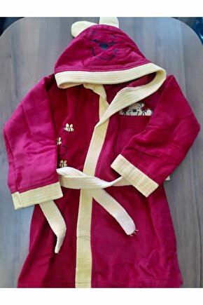 ?Bordo Önü Bağlamalı Kapşonlu Çocuk Bornoz?