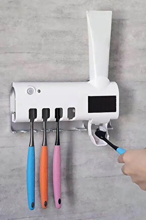 Duvara Monte Otomatik Diş Macunu Sıkıcı + 4’lü Diş Fırçalık Seti – Temassız Hijyenik Dağıtıcı