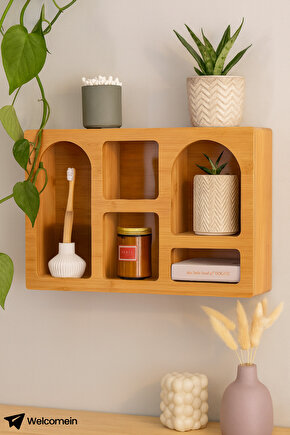 Bambu Duvar Rafı Çok Gözlü Dekoratif Organizer | Mutfak, Banyo, Salon Kullanımına Uygun