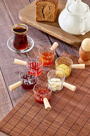 6lı Ahşap Saplı Mıka Reçellik & Sosluk Sofra Sunum Kahvaltı Seti - Ahşap Saplı Sunumluk - 80 ml
