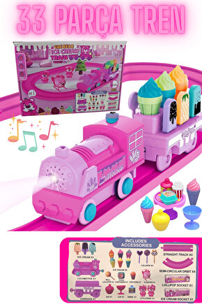 Oyuncak Sesli ve Işıklı Pembe Dondurma Treni Train Mıknatıslı Vagon Bağlantısı