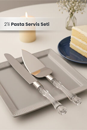 2li Kristal Saplı Pasta Servis Seti Spatula Bıçak Sunum Servis Seti