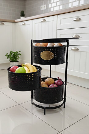 3 Katlı Tepsili Kule Sebzelik Açılır Metal Patates Soğan Meyvelik Sepetli Rafı Siyah