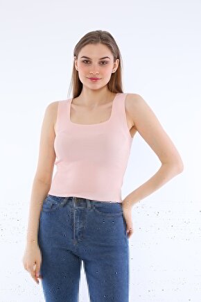 Kadın Pembe Kolsuz Bluz Kalın Askılı Atlet Ince Yazlık Kare Yaka Triko