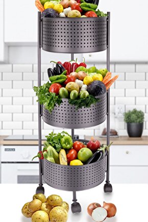 3 Katlı Lüx Siyah Salda Sebzelik Patates Soğanlık Kovası Çeyizlik Tekerlekli Meyve Sepeti
