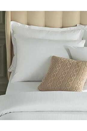 Deluxe Çizgili Pamuk Saten Kulaklı 2 li Yastık Klıfı Beyaz Whıte Collectıon