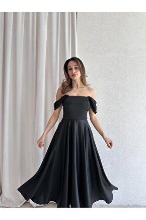 Kadın Ayarlanabilir Tül Kol Detaylı Midi Elbise