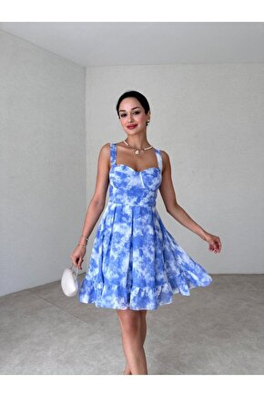 Gloplu Kalın Askılı Pile Etek Mini Şifon Mavi Elbise