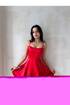 Eteği Volanlı Askılı Kırmızı Mini Saten Elbise