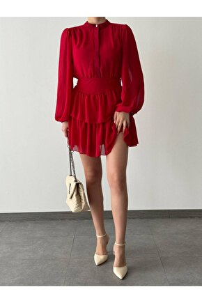 İnci Detay Korse Formlu Kat Etek Mini Boy Şifon Kumaş Kırmızı Elbise